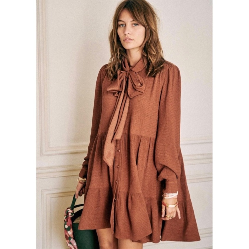 Sezane Selena Tie Neck Button Front Tiered Dress Rust Brown Womens 8